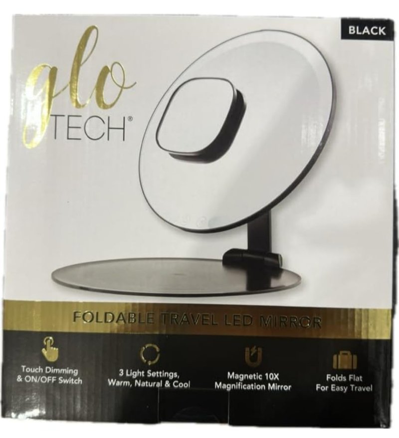 GLO TECH Foldable Travel Led Mirror - Touch Dimming & On/Off Swtich, 3 Light Settings, Warm, Natural & Cool, Magnetic 10X, Magnification Mirror, Folds Flat for Easy Travel (Black)