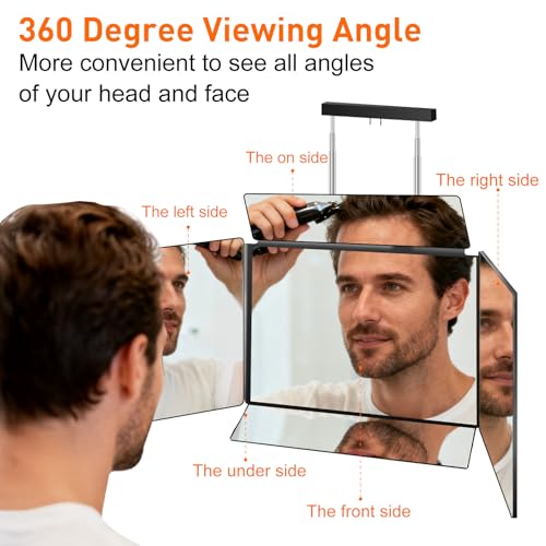 5 Way Mirror for Self Hair Cutting, 360 Haircuts Mirror Men for Barber Use Tools, to See Back of Head, Tri Fold with Portable Height Adjustable Telescoping Hooks
