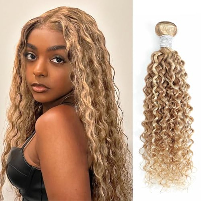 27/613 Ombre Blonde Bundle Human Hair Water Wave, 13A Grade Highlighted Multi-Blonde Human Hair Wet n Wavy Curly Single Bundles 100% Raw Brazilian Silky Colored Hair Weaves Extension 14 Inch