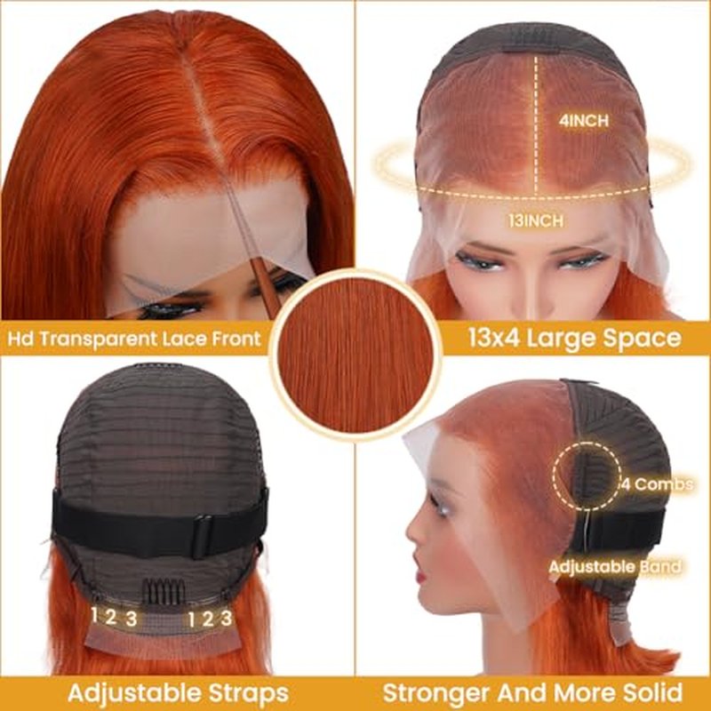 Ginger Orange Bob Wig Human Hair 13x4 HD Lace Frontal Wigs Human Hair for Women Ginger Glueless Short Straight Bob Lace Frontal Wigs 180% Density #350 10 Inch