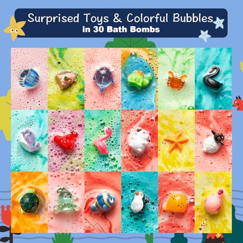 30 Kids Bath Bombs with Surprise Inside ? Gift Set with 30 Unique Land & Sea Animal Toys, Fun, Educational, and Child-Safe Natural Bath Bombs with Toys, Great Gift for Kids¡¯ Birthdays & Christmas