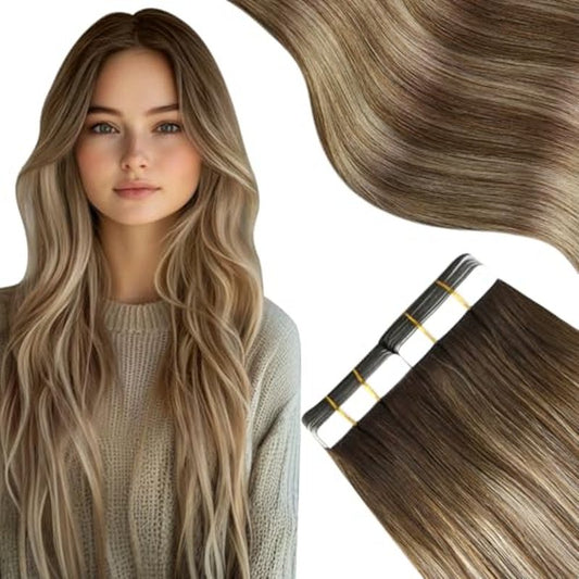 Moresoo Tape in Hair Extensions Human Hair #4/6/613 Brown Ombre Platinum Blonde with Chestnut Brown Silky Straight Remy Hair, Fashion Hair Extensions Real Human Hair Invisible Thick 20pcs 50g 18inch