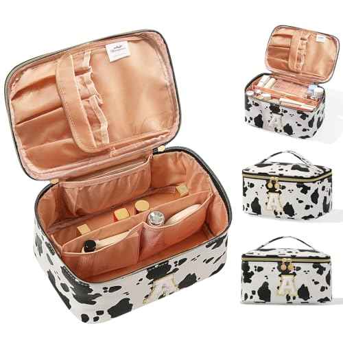 Personalized Monogram Makeup Bag with Dividers - Cow Print Travel Toiletry Organizer for Women | Waterproof Cosmetic Pouch with Brush Holder & Handle (9.8x6.7x5.1in)