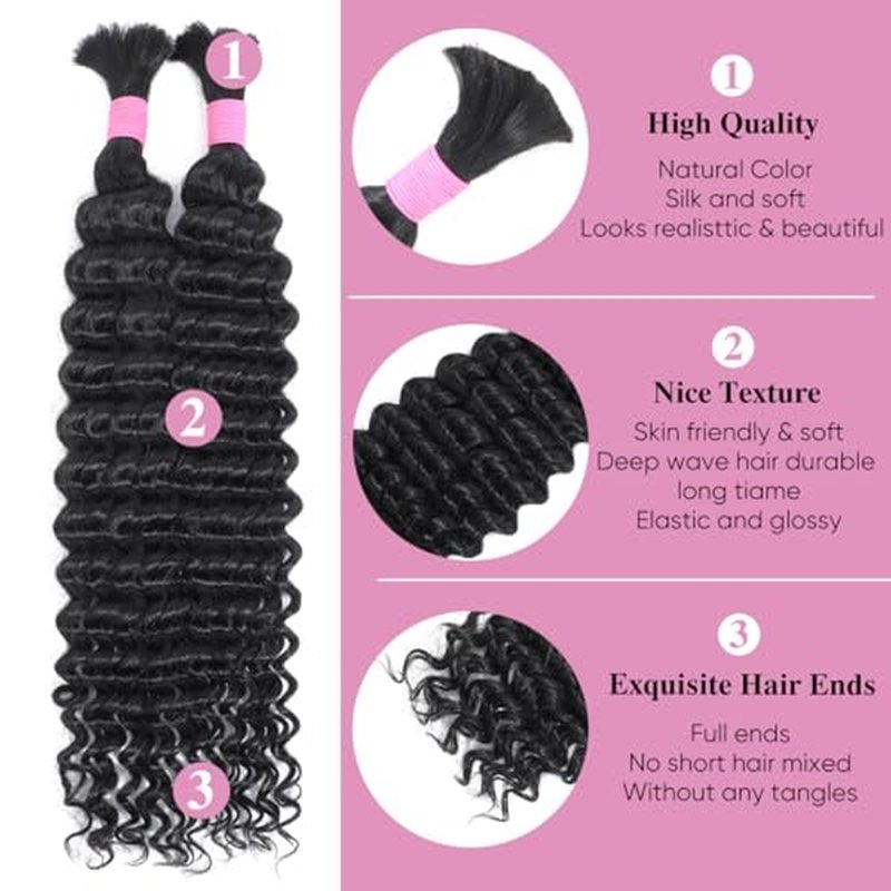 Human Braiding Hair for Boho Braids 20 Inch 2 Bundles 100g Deep Wave Bulk Hair 12A Virgin Curly for Knotless Braids (Natural Color)