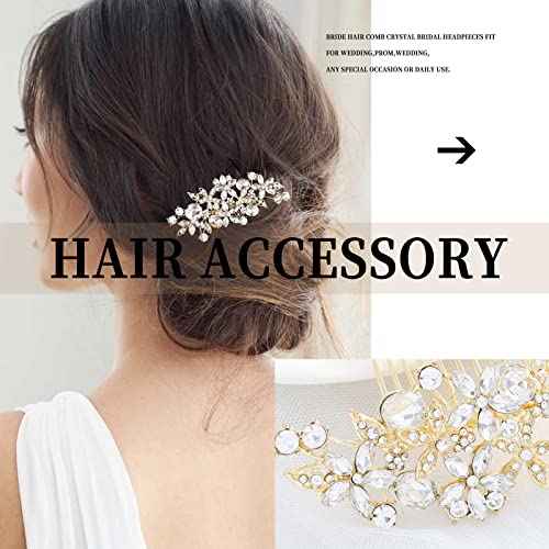 Olbye Rhinestone Crystal Bridal Headpiece - Flower Hair Comb, Clips for Brides, Bridesmaids, and Women (Gold)