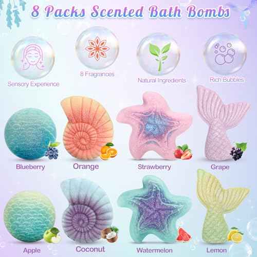 Mermaid Bath Bombs for Kids with Surprise Toys Inside, 8 Pcs Organic Natural Bubble Bath Bombs for Girls,Christmas Birthday Gift for 3 4 5 6 7 8 Year Old Girl,Princess Bath Bomb Kit with Mermaid Toys