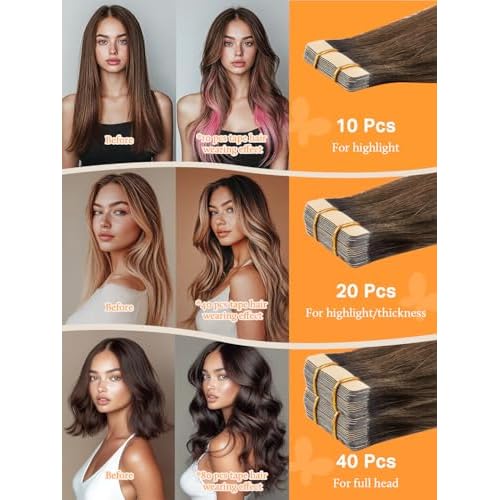 DOORES Tape in Hair Extensions, Balayage Dark Brown to Chestnut Brown 25g 10pcs 18 Inch Remy Straight Hair Skin Weft