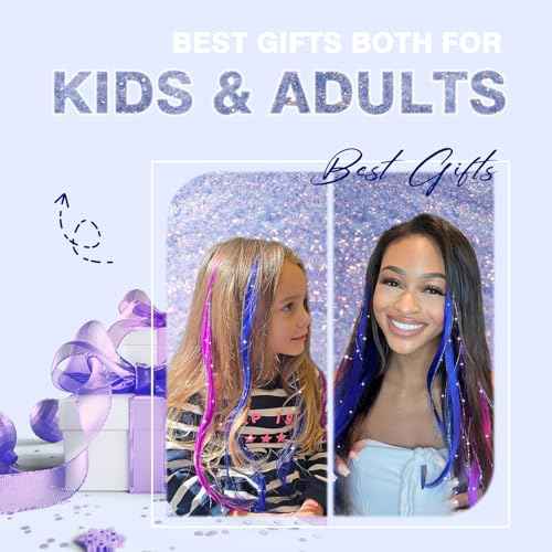 Fairy Hair Tinsel Kit for Girls, Color Tinsel Hair Extensions for kids, Blue and Purple Glitter Hairpiece Clip in, Halloween Hair Accessories, 16 Pieces