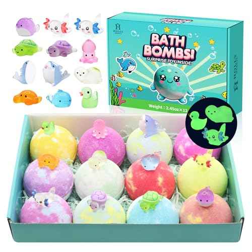 Bath Bombs for Kids with Toy Inside, 12 PCS Natrual Bath Bombs with Glow-in-The-Dark Surprise Inside, Perfect Handmade Birthday Christmas Gifts for 3 4 5 6 7 8 Years Old Boys Toddlers Girls