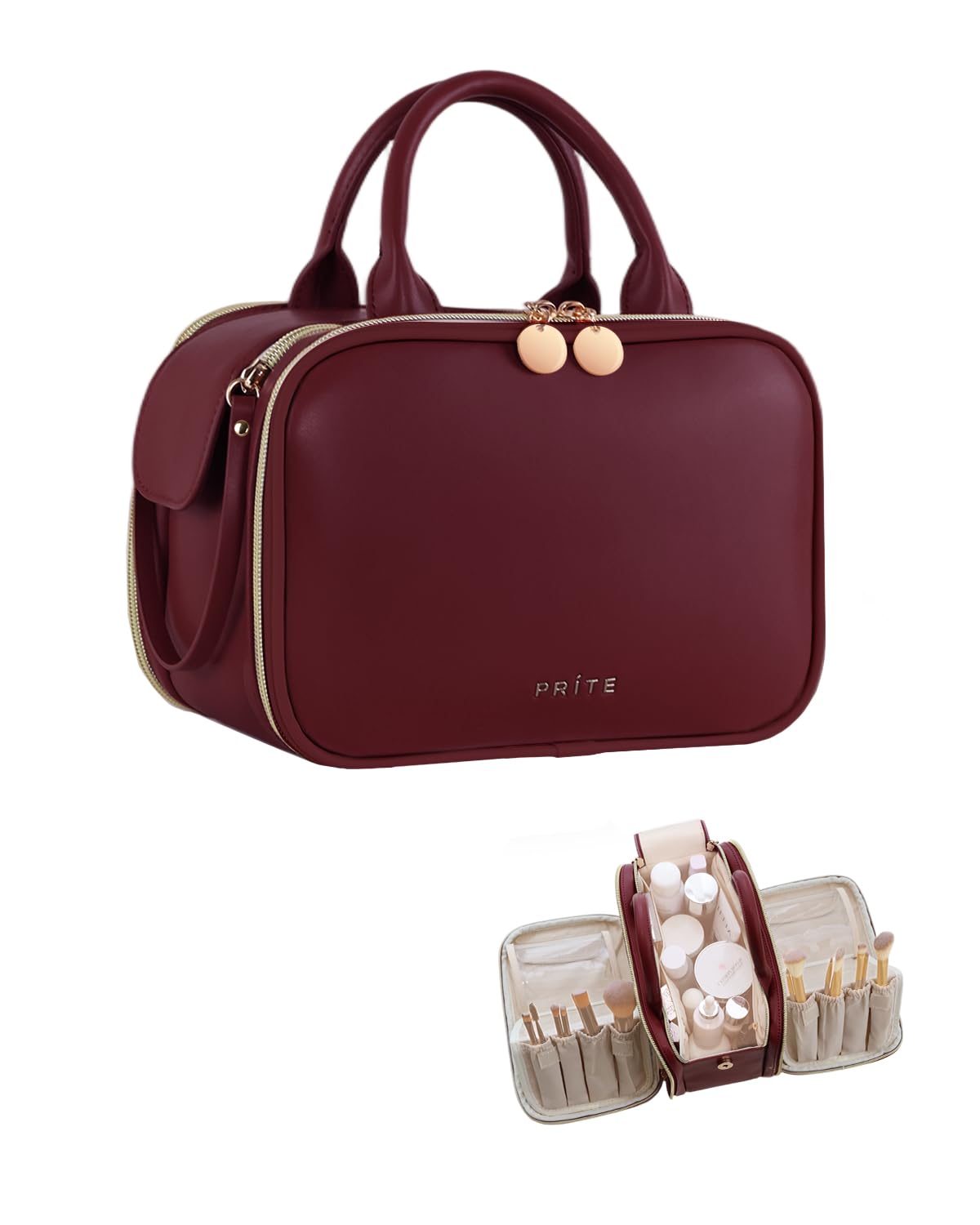 Prite Travel Makeup Bag Women’s Large Capacity Waterproof Cosmetic Organizer Portable Open Flat Toiletry Case with Free-standing Brush Holder and Handle(Burgundy Large)