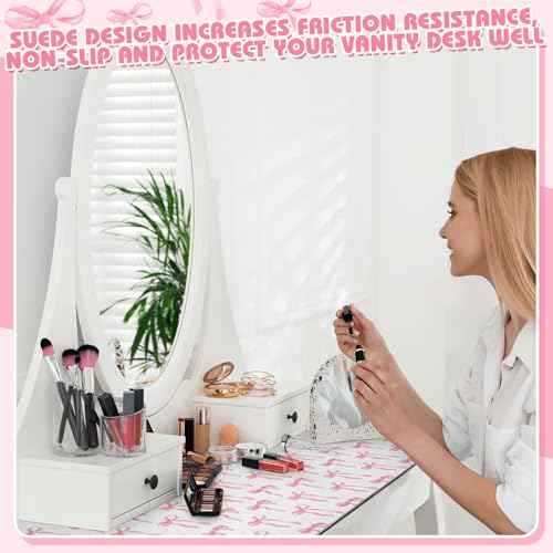 Coquette Bow Makeup Mat for Vanity Top Protector, Dual Sided Leather Vanity Waterproof Desk Pad Dressing Blotter Mat Nonstick for Women Home Office Decor Work(Pink,15.7" X 31.5")