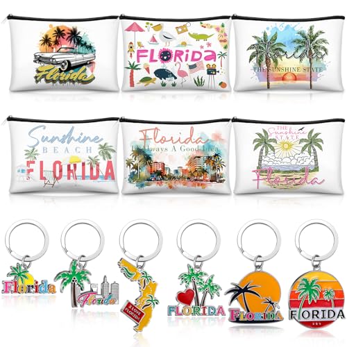 Landical 6 Sets Florida Souvenir Gifts Include 6 Pcs Florida Cosmetic Bag and 6 Pcs Metal Keychain for Women Traveler Christmas Party Gifts