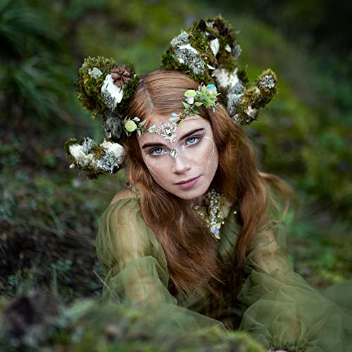 MOSTORY Cosplay Elf Crown V-shape Crystal Headband Woodland Forest Headpiece Mushroom Flower Hair Garland for Women Girls Wedding Bridal Easter Thanksgiving Christmas Costumes Aqua Green