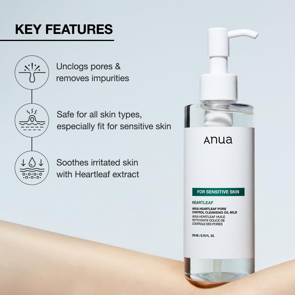 ANUA Heartleaf Pore Cleansing Oil MILD, Sensitive Skin Face Wash, Oil Cleanser for Face, Makeup Blackhead Remover, Korean Skin Care, Non-Comedogenic, Fragrance Free (6.76 fl oz)