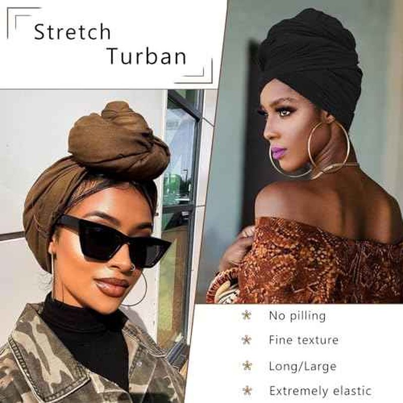 COOKOO 2 Piece Long Solid Color Stretch Head Wrap African Women's Jersey Turban Fashion Head Scarf Ultra Soft Extra Long Headwraps Lightweight Breathable Head Bands Ties for Women(Black+Army Green)
