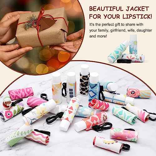 36 Pcs Lip Balm Holder Keychain Gloss Floral Patterns Lip Balm Sleeves with Clip Clip on Lipstick Keychain Sleeves Holder