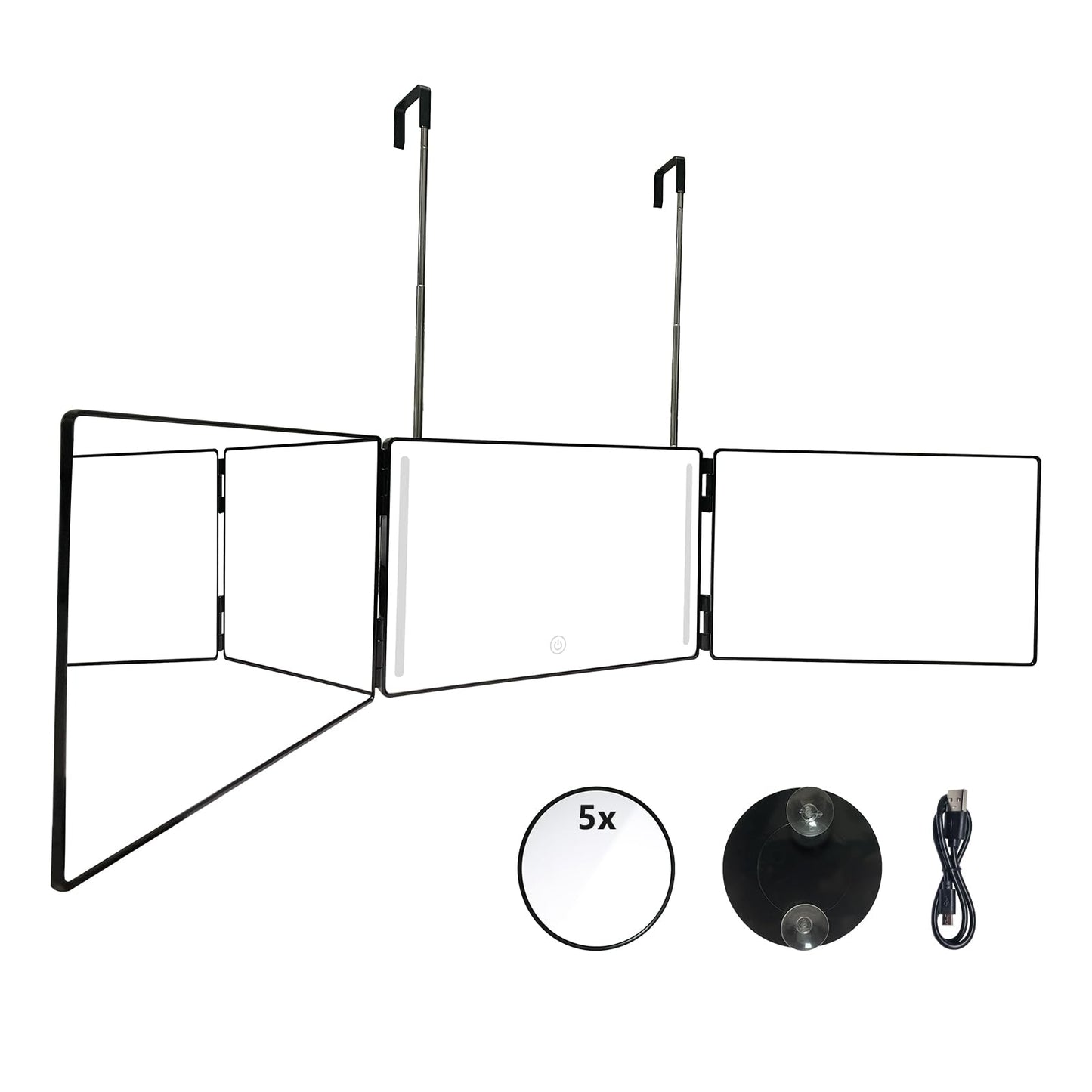 IUDLHKK 3 Way Trifold Mirror with Adjustable Height Brackets - Perfect for Haircuts, Dyeing Hair & Makeup - 5X Magnification (Black with LED)