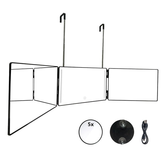 IUDLHKK 3 Way Trifold Mirror with Adjustable Height Brackets - Perfect for Haircuts, Dyeing Hair & Makeup - 5X Magnification (Black with LED)