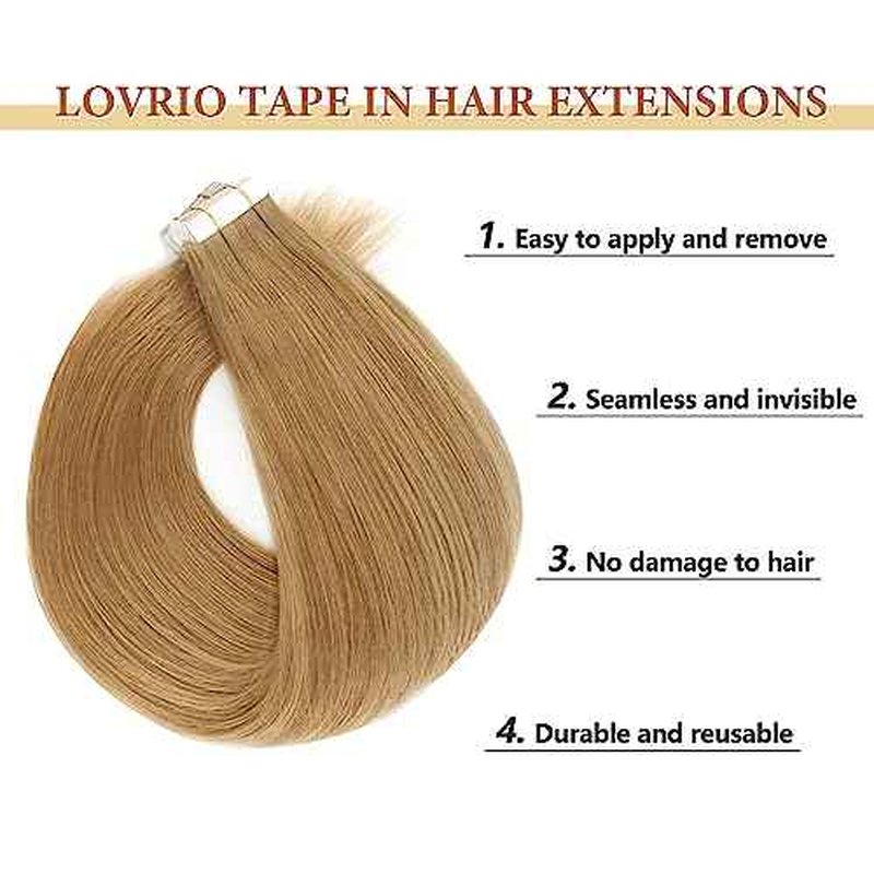Lovrio Tape in Hair Extensions Straight Hair, 27 Strawberry Blonde Seamless Skin Weft Human Hair 50 Gram 14 Inch 20 Pieces