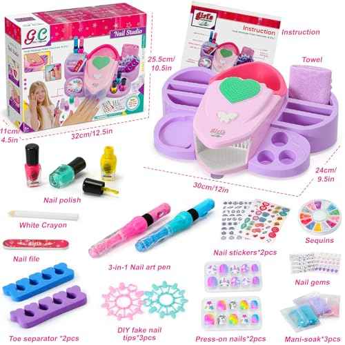 G.C Kids Nail Polish Set for Girls Toy 6-12 Years Old, Nail Art Kit Storage Desk with Nail Dryer&Hand Massage Spa Kit, Kid Manicure Salon Studio Stuff Christmas Birthday Gift Girl Ages 7 8 9 10 11 12