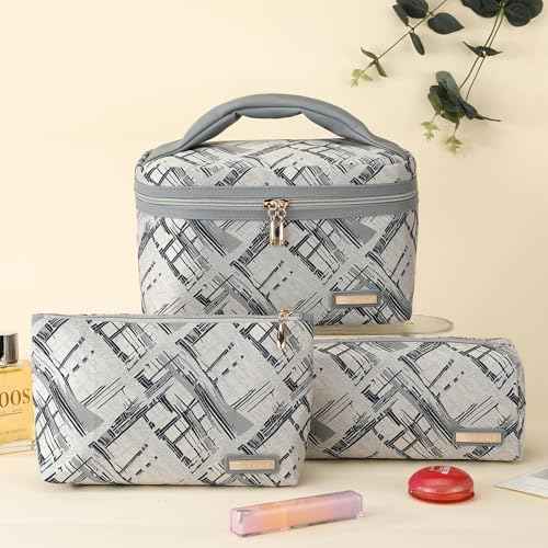 Richeart 3PC Makeup Bag Set, Cationic Jacquard Large Cosmetic Organizer, Back-Coated Solvent-Free Travel Toiletry Bag for Women - Gray