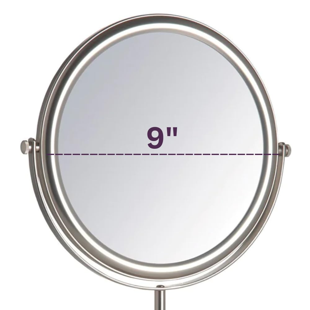 JERDON Two-Sided Tabletop Makeup Vanity Mirror - 5X-1X Magnification & Swivel Design - 9-Inch Diameter Mirror with Adjustable Height - Nickel Finish - Model JP4045N