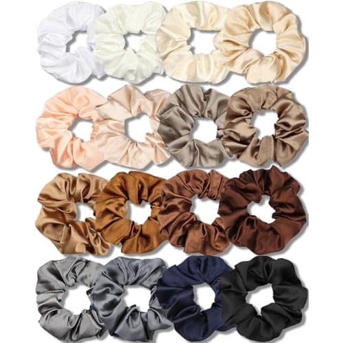 IVARYSS Satin Scrunchies for Women, Soft Than Silk for Hair, Fashion Ties and Bands for Thin | Thick Hair Styling, 16 Pack (Neutral Color)