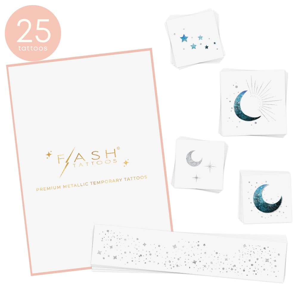 Flash Tattoos MOONLIGHT Silver Glitter Face Freckles and Body Tattoos – 25 Premium Celestial Magic Metallic Patches with Cosmic Stars & Moons - Festival & Concert Makeup, Parties, Face Gem Beauty