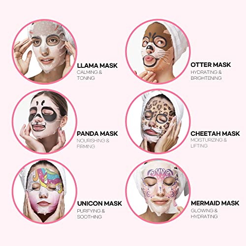 Epielle Animal Character Sheet Masks 6 Pack, Moisturizing & Hydrating Face Mask with Hyaluronic Acid & Botanical Extract, Korean Skin Care, Girls Spa Party Favors, Sleepover, Self Care Gifts for Women