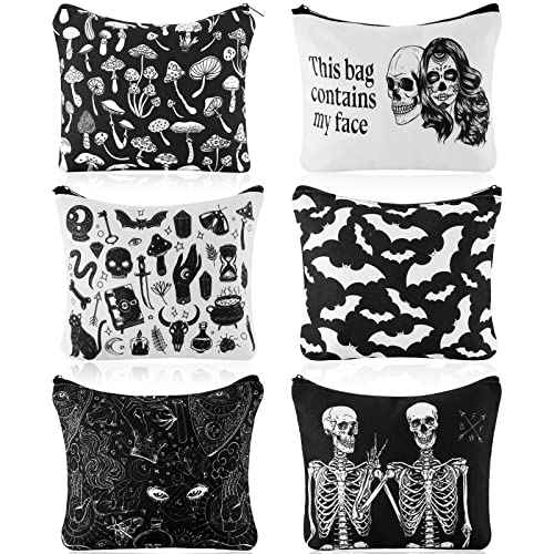Amylove 6 Pcs Halloween Makeup Bag Goth Purse Gift for Women Portable Skeleton Cosmetic Makeup Zipper Pouch Funny Travel Zipper Gothic Purse Spooky Gifts for Party Favors