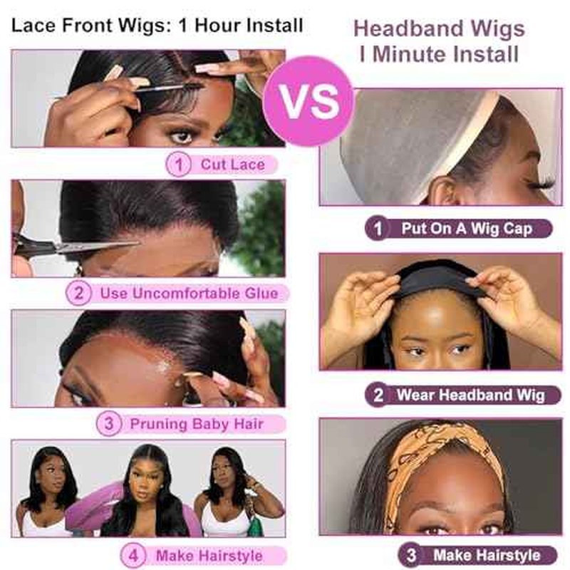 Headband Wig Human Hair 28 Inch Straight Headband Wigs for Black Women Machine Made Human Hair Wigs Glueless None Lace Front Wig Brazilian Virgin Human Hair 150% Density Natural Black Color