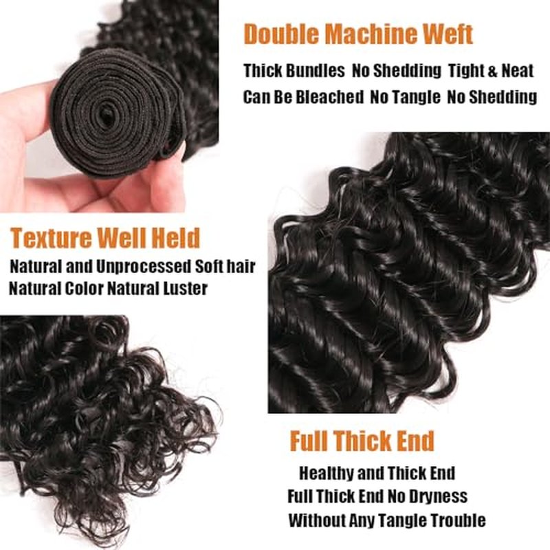 100% Unprocessed Deep Wave Human Hair Bundles 12A Brazilian Virgin Wet and Wavy 1 Bundles Double Weft Deep Curly Weave Human Hair Bundles Natural Black 20 Inch