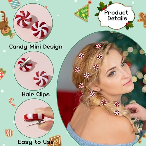 Christmas Candy Hair Clips - 50 Pcs Red and White Peppermint Snap Clips for Women Girls Bulk Holiday Party Favors, Christmas Stocking Filling, Classroom Gifts, DIY Hair Accessories for Xmas