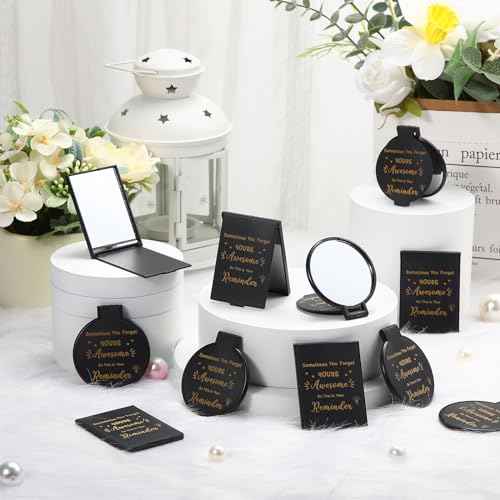 Geetery 48 Sets Inspirational Compact Mirror Bulk Round Makeup Glass Purse Pocket Mini Hand Folding Makeup Mirror with Gift Bags for Thanksgiving Christmas Women Coworker Friends
