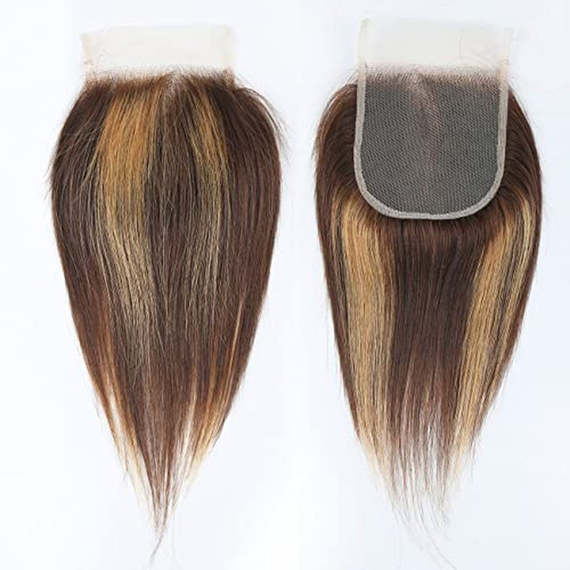 FQ 4/27 Highlight Bundles and Closure Straight P4/27 Human Hair Bundle with Closure(10 10 10+10) Brazilian Ombre Honey Blond Colored Short Bob 50g 3 Bundles with 4x4 Lace Closure