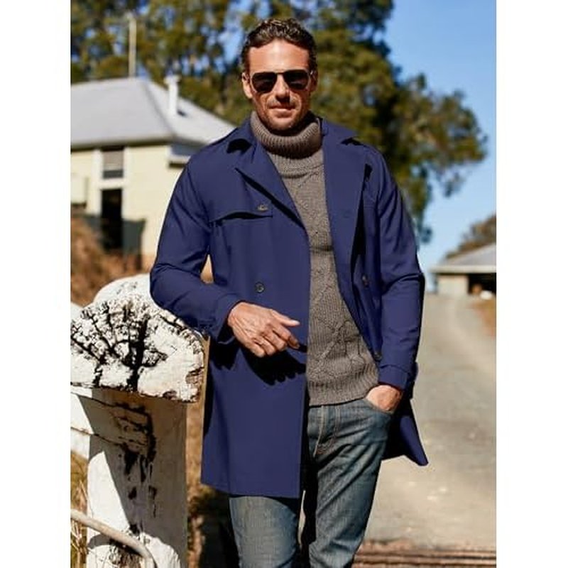 Pretifeel Mens Trench Coat Slim Fit Double Breasted Long Jacket Notched Lapel Belt Fall Windproof Coat