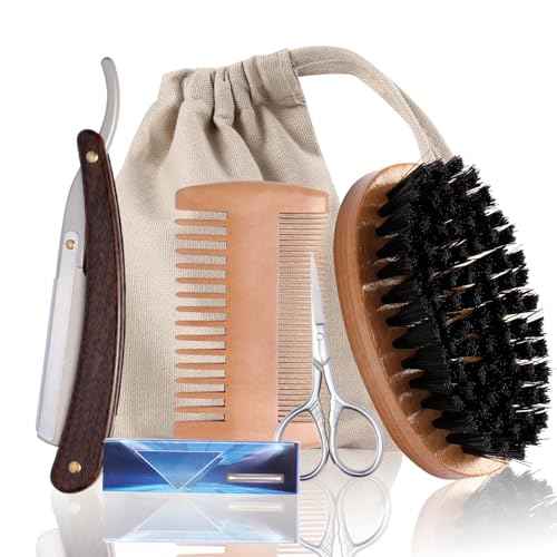 Beard Brush and Comb Set for Men - Straight Edge Razor and Shaving Scissors, Natural Boar Bristle, Dual Action Wood Comb, Travel Pouch - Great for Grooming Beards and Mustaches