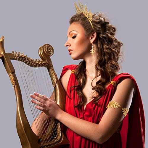 WILLBOND 15 Pieces Greek Goddess Costume Accessories Women Toga Golden Leaves Bridal Crown Headband Bracelet Pearl Earrings and Hair Pins