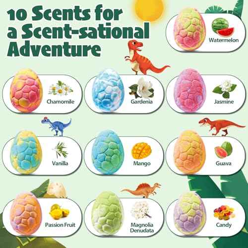 Dinosaur Bath Bombs for Kids with Surprise Inside, 10 Pack Natural Dino Eggs with Exclusive Carnivorous Dinosaur Toys, Fizzing Fun Gifts for Boys Girls, Dinosaur Toys for Kids Ages 3-9