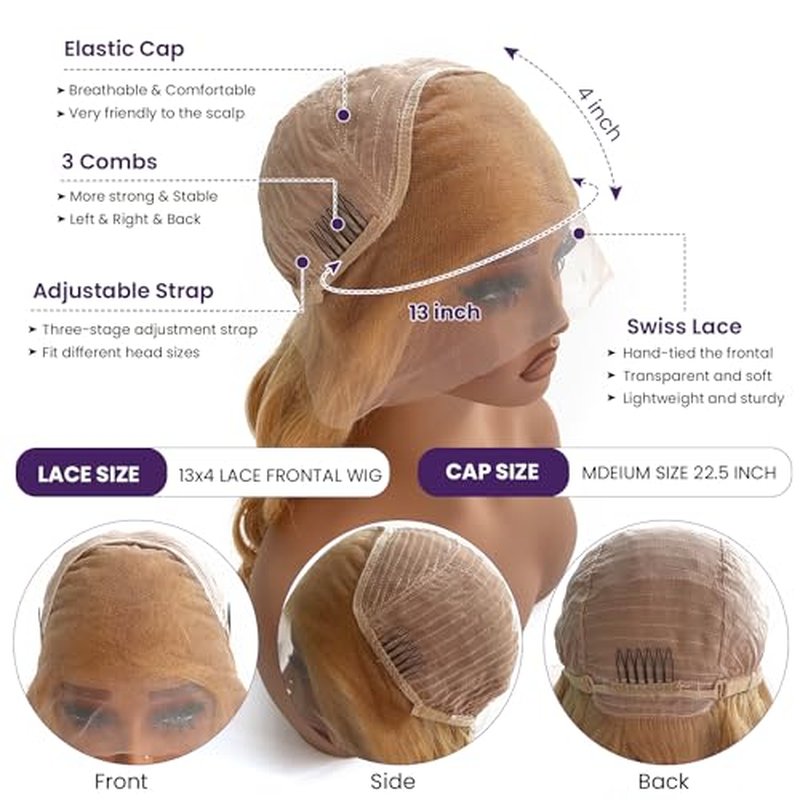 Ubetta Honey Blonde Wig Human Hair, Body Wave Honey Blonde Lace Front Wig Human Hair, 22 Inch Glueless 13x4 HD Lace Frontal Wigs Human Hair Pre Plucked 180% Density Lace Frontal Wigs for Black Women
