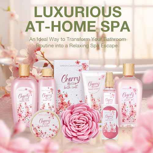 Green Canyon Spa Gift Baskets for Women Cherry Blossom Bath and Body Work Gift Set with Bubble Bath,Body Lotion Spa Gifts for Women Mothers Day Gifts for Mom