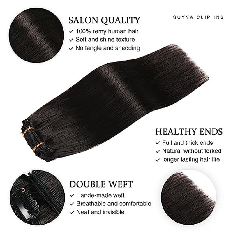 SUYYA Real Human Hair Clip in Extensions - 7 Pcs Straight Remy Hair Clip ins for Women - Double Weft 18 Inch #1B Off Black 80G