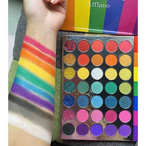 Afflano Rainbow Eyeshadow Palette Matte Shimmer Pressed Glitter, Pigmented Colorful Eye Shadow Pallets, Pink Red Orange Yellow Green Blue Purple 35 Color, Bright Prime Makeup Palette