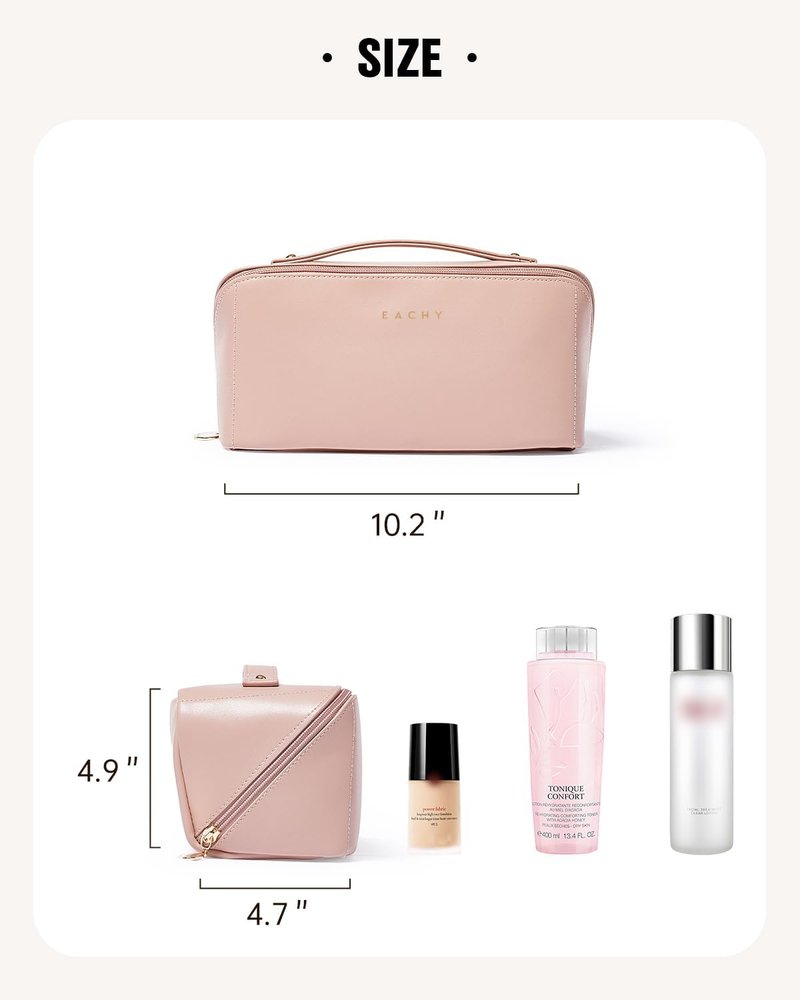 Travel Makeup Bag - Large Capacity Waterproof PU Leather Cosmetic Organizer | Flat Open Design for Skincare & Brushes