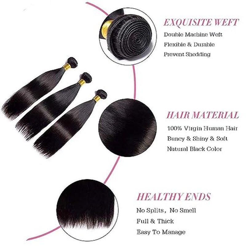 Straight Human Hair Bundles 14 16 18 Inches Brazilian 100% Unprocessed Virgin Hair Weave Bundles Human Hair Straight Weft Natural Black Color Hair Extensions for Women