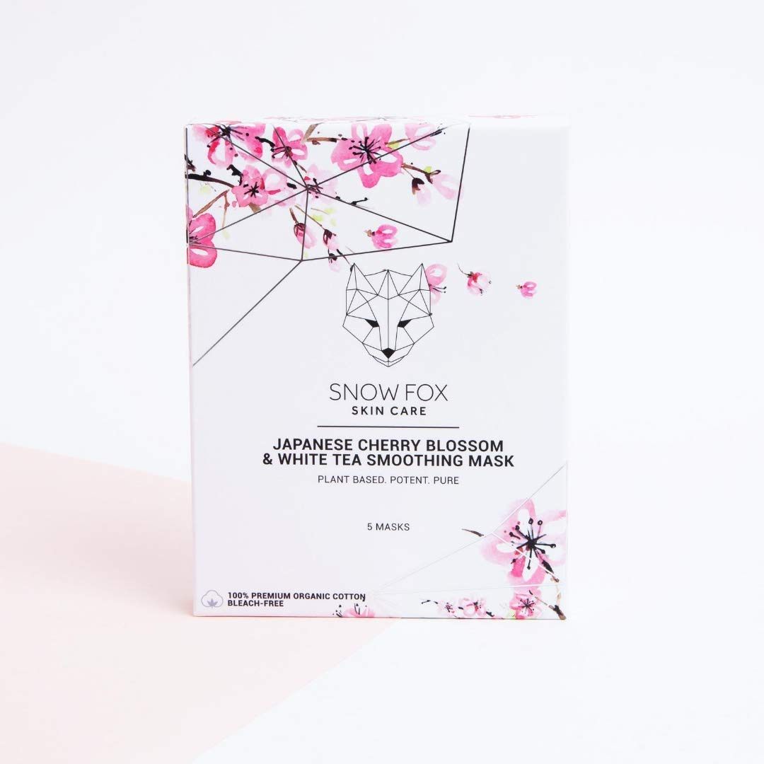 Snow Fox Japanese Cherry Blossom & White Tea Smoothing Sheet Mask – Hydrating Face Mask for Glass Skin Glow & Bridal Makeup Prep – Moisturizing Facial Skin Care for all Types – 5 Pack