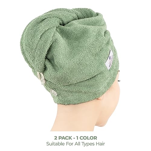 American Soft Linen 100% Cotton Hair Towels for Women, Head Towel Cap, Cotton Hair Turban Towel Wrap for Long Curly Anti Frizz Hair, Soft and Absorbent Cotton Hair Towels 2 Pack, Sage Green