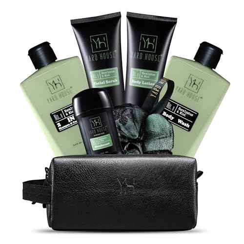 Mens Luxury Bath and Body Gift Set For Him - Skin Care Kit in Eucalyptus and Mint - Fathers Day Birthday Christmas Gifts Ideas For Men - 7Pcs Set w. Full Size Items in Leather Toiletry Bag