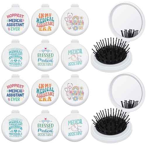 Meanplan 12 Pcs Medical Assistants Gifts Bulk MA Folding Hairbrushes with Mirror Medical Assistant Appreciation Gifts for MA Week Doctor Nurse Accessories Christmas Party Favor