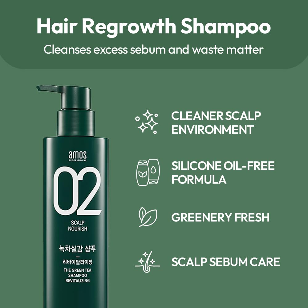 AMOS PROFESSIONAL The Green Tea Shampoo Refresh [For Oily Scalp] 17.6oz (500g) | Anti-Hair Loss Korean Hair Growth Shampoo for Cleanse Excess Sebum